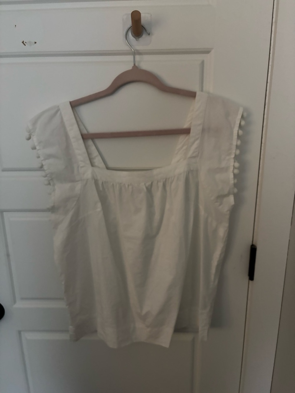 J. Crew White Cotton Square-Neck Pom Pom Sleeve Women’s Top